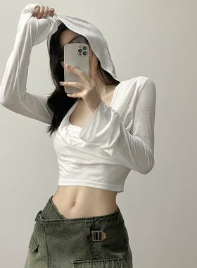 KLIOU 复古沙丘风白色荡领连帽长袖T恤女显瘦高腰露脐辣妹上衣 夏