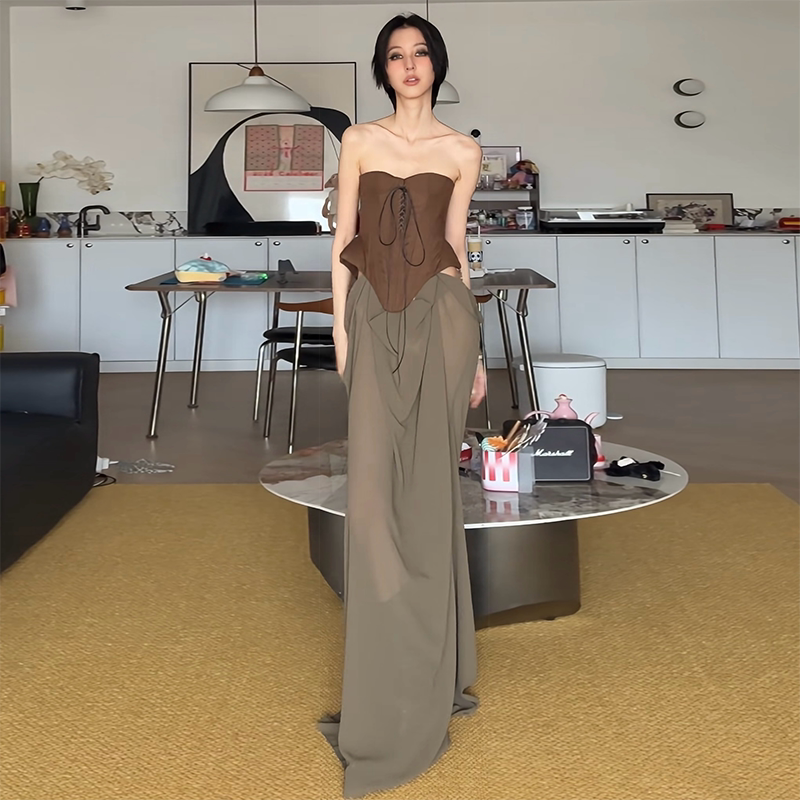 KLIOU 小众设计师款撞色拼接系带抹胸连衣裙心机镂空露腰显瘦长裙