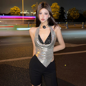 KLIOU 辣妹炸街亮片小吊带外搭银色不规则荡领挂脖背心显瘦两件套