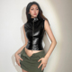 背心女修身 KLIOU 酷飒炸街机车风复古黑色PU皮无袖 显身材露背上衣