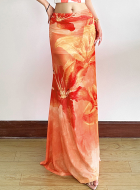 KLIOU 少女俏皮感甜橙色印花高腰半身裙女复古百搭显瘦辣妹半身裙