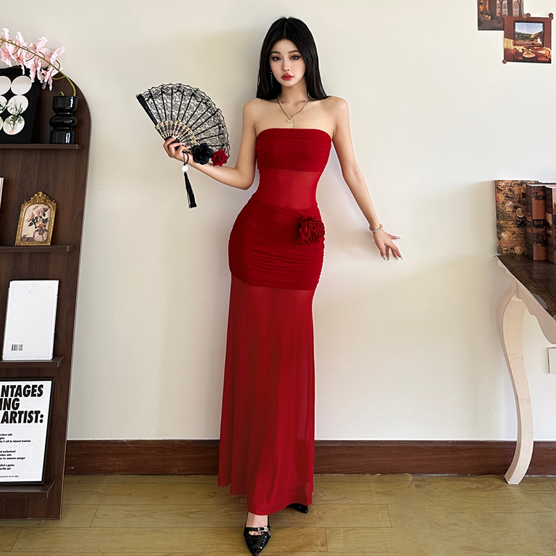 KLIOU 明艳玫瑰花性感透视抹胸连衣裙女气质小众修身显瘦包臀长裙