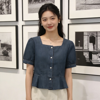 蓝色方领荷叶边牛仔短袖衬衫女夏季大码胖妹妹设计感小众上衣小衫