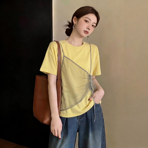 独特设计感假两件网纱短袖T恤女