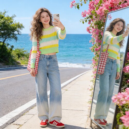 微胖显瘦多巴胺渐变大码女装毛衣秋冬宽松慵懒风短款针织衫上衣