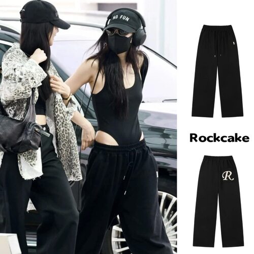 jennie同款韩国小众潮牌rockcake刺绣R字母口袋卫裤百搭休闲长裤