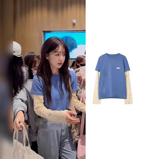 徐梦洁同款 MUWM韩国设计师品牌韩系假两件拼接小标长袖T恤女