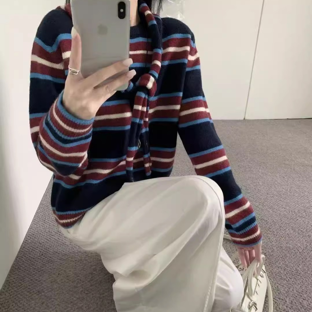 现货韩国东大门新款撞色条纹连帽复古休闲针织衫套头毛衣女 http