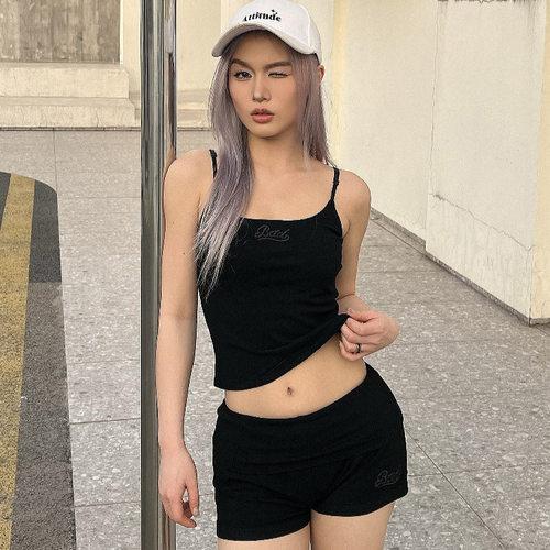 韩国badblood吊带背心女26新款性感纯欲风辣妹字母刺绣翻边短裤