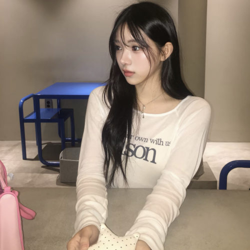 韩国小众潮牌Ason字母印花插肩圆领长袖teeT恤上衣女微透轻薄天丝