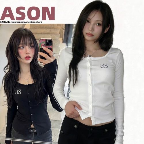 韩国小众潮牌ason方领开衫女修身显瘦字母刺绣打底衫辣妹风上衣秋