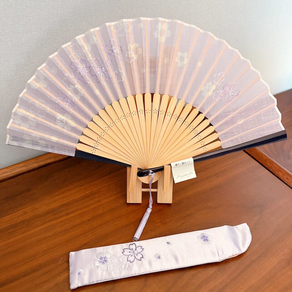 「京都和风」日本进口京都舞扇堂刺绣绢扇子折扇套装刺绣扇袋樱