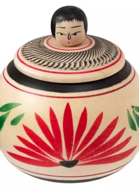 「京都和风」日本制宫城县远刈田系手工小木偶人带盖小木盒子摆饰