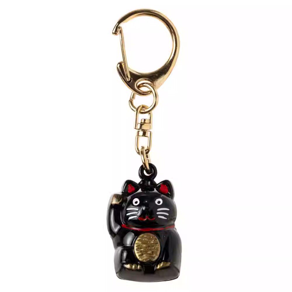 「京都和风」日本进口 吉祥物 招财猫 钥匙圈 挂件 附铃 【黑】
