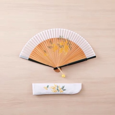 现货 日本制京扇子老铺 白竹堂扇子迷你花絵刺绣扇子套装 金合欢