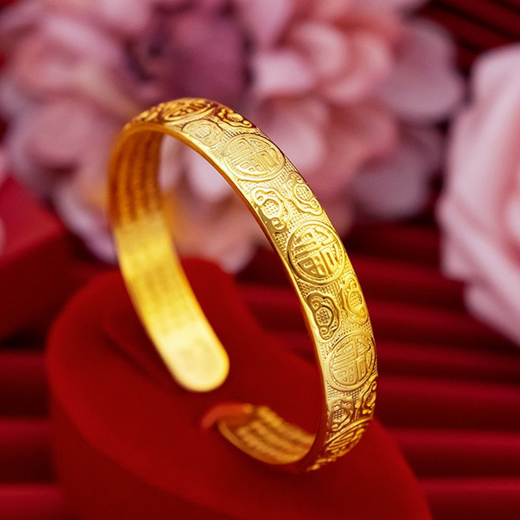 18K黄金色开口百福手镯  999真金色实心复古不掉色可调节金手镯