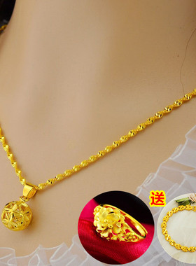 18k黄金色项链女款镂空转运珠999真金色吊坠水波链锁骨链金项链