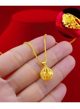 18k黄金色项链女款999真金色玲珑绣球轻奢镂空转运珠金项链