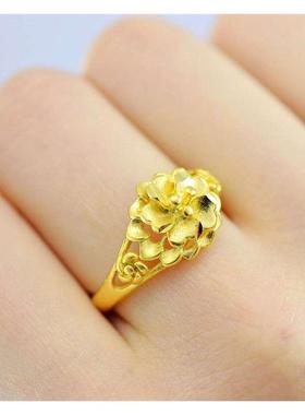 18K黄金色女士戒指 富贵花开999真金色花朵开口可调节金戒指