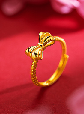 18K黄金色戒指 999真金色清新甜美高级感蝴蝶结女戒指环