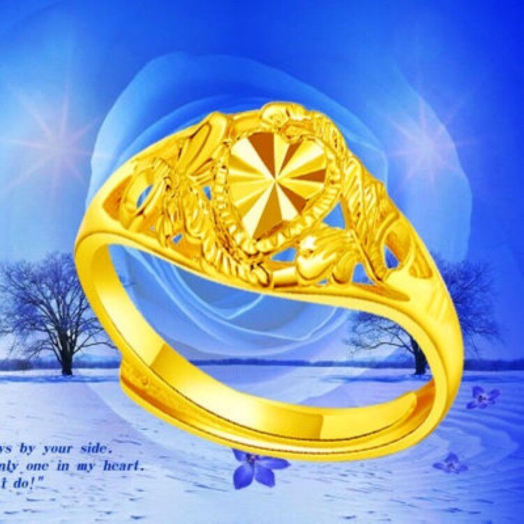 一心一意18K黄金色戒指 999真金色女士加厚金指环可调节