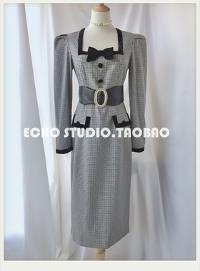 ECHO 法式优雅 复古奢华钻扣真皮腰带 精致方领显瘦高腰连衣裙女