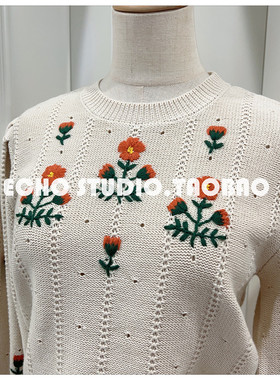 特海报款~复古小清新手工绣花藏肉显瘦灯笼袖高腰棉+羊毛针织毛衣