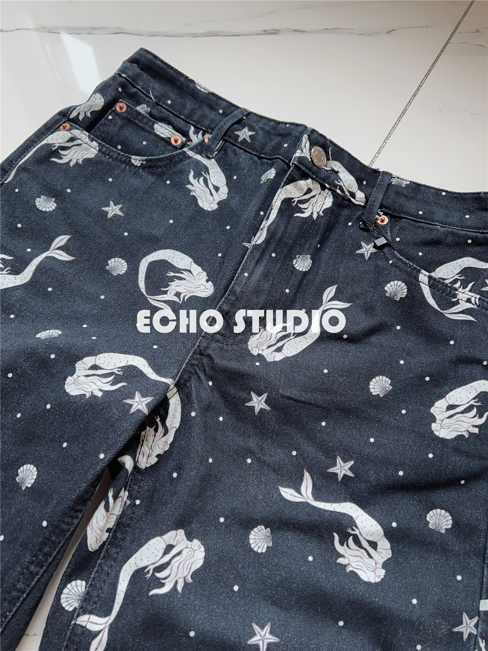 欧洲单~撤柜 美人鱼印花阔腿直筒高腰牛仔裤 Y2K