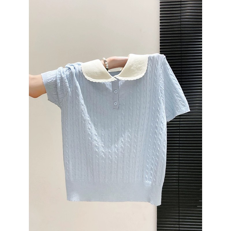 韩系麻花翻领短袖针织衫女夏季新款学院风减龄撞色polo衫百搭上衣