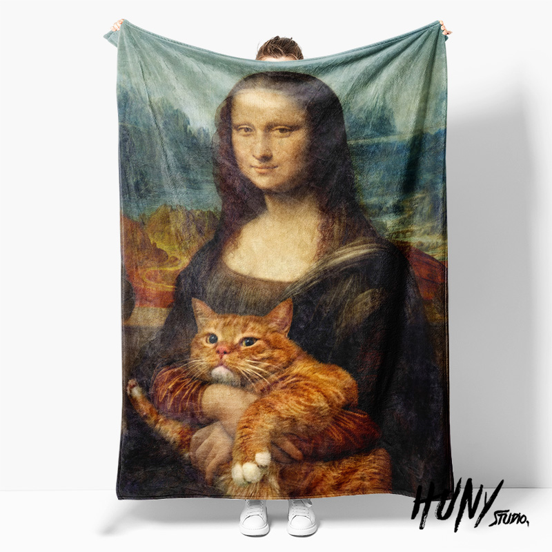 超现实橘猫插画文艺复兴古典名画蒙娜丽莎午睡毯沙发披肩空调毛毯