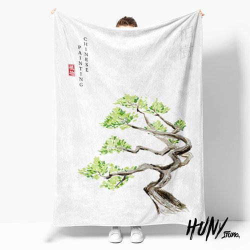 清新中国风植物水墨插画网红毛毯