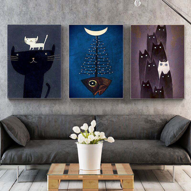 动物装饰画北欧风彩色插画图案黑猫幼儿园儿童房壁画挂画多图可选