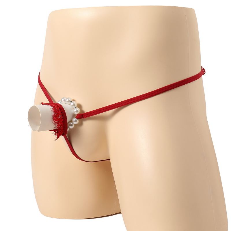 男士性感丁字裤透明蕾丝圈圈珍珠JJ套T裤弹力低腰镂空骚内裤T-401