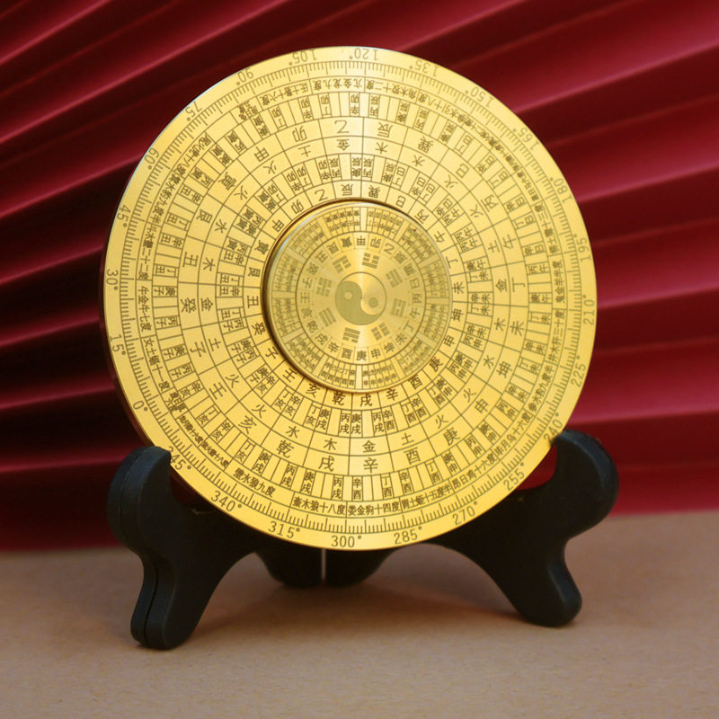 全黄铜罗盘指尖陀螺铜太极八卦减压风水摆件实心便携双面把玩件