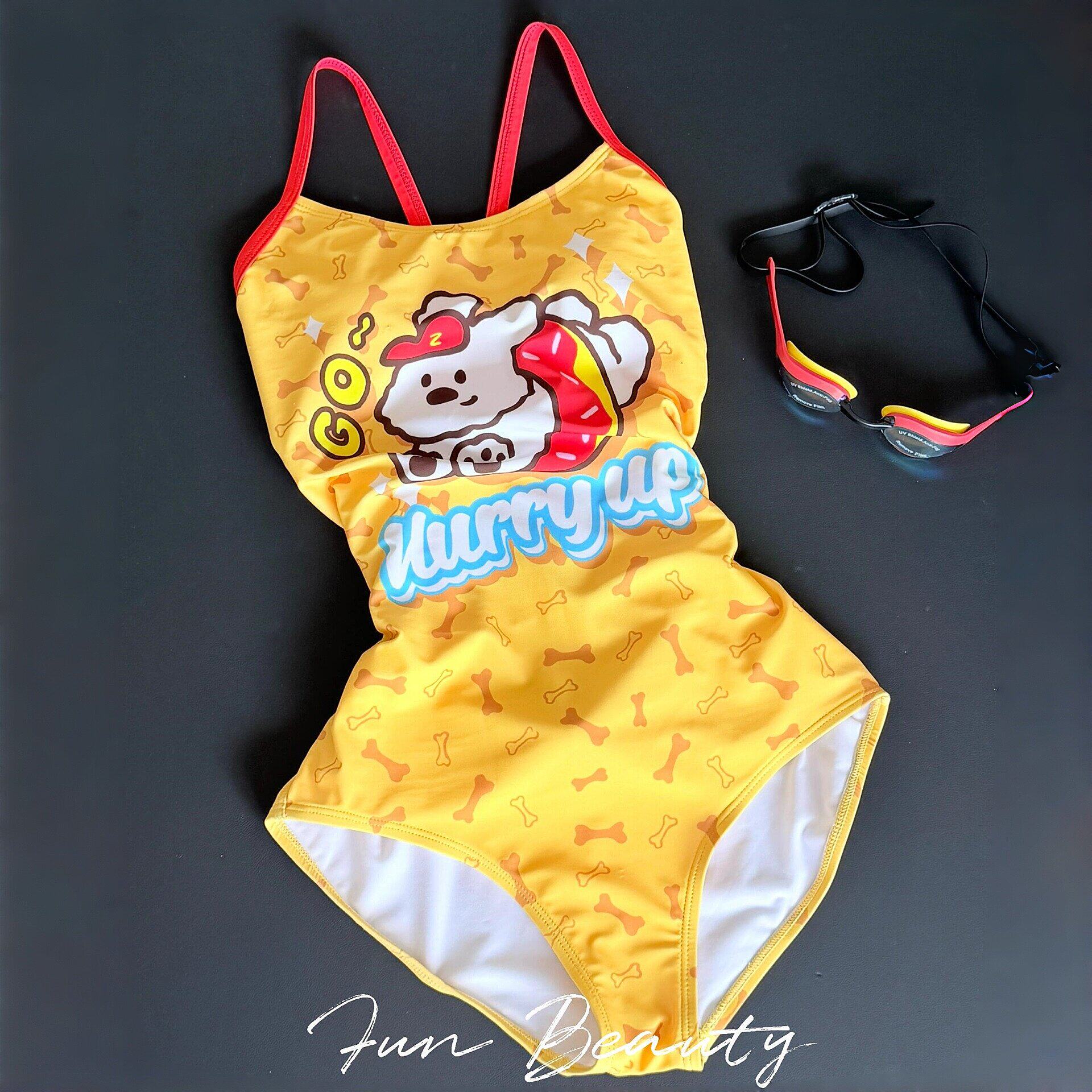 快乐小狗连体泳衣女款卡通撞色三角温泉比基尼游泳馆专业竞速泳装
