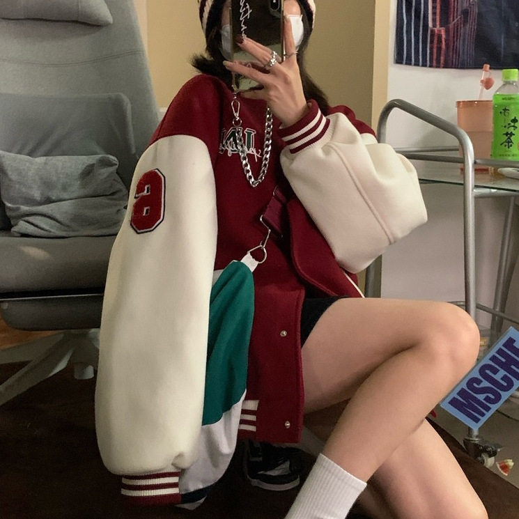 韩版毛巾绣bf慵懒加绒棒球服女卫衣秋冬ins潮百搭绒衫上衣女