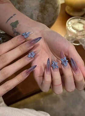 【UM美甲】纯手工氛围感紫色渐变线条感立体雕花甜酷风重复穿戴甲