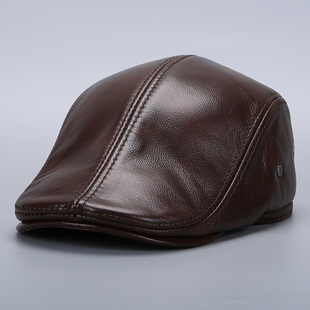 时尚工人鸭舌帽男秋冬季头层牛皮贝雷帽真皮中老年护耳前进棉帽子
