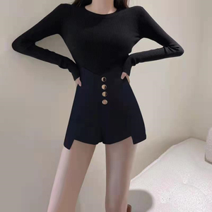 RY1554#时尚百搭高腰显瘦阔腿休闲裤不规则西装料短裤