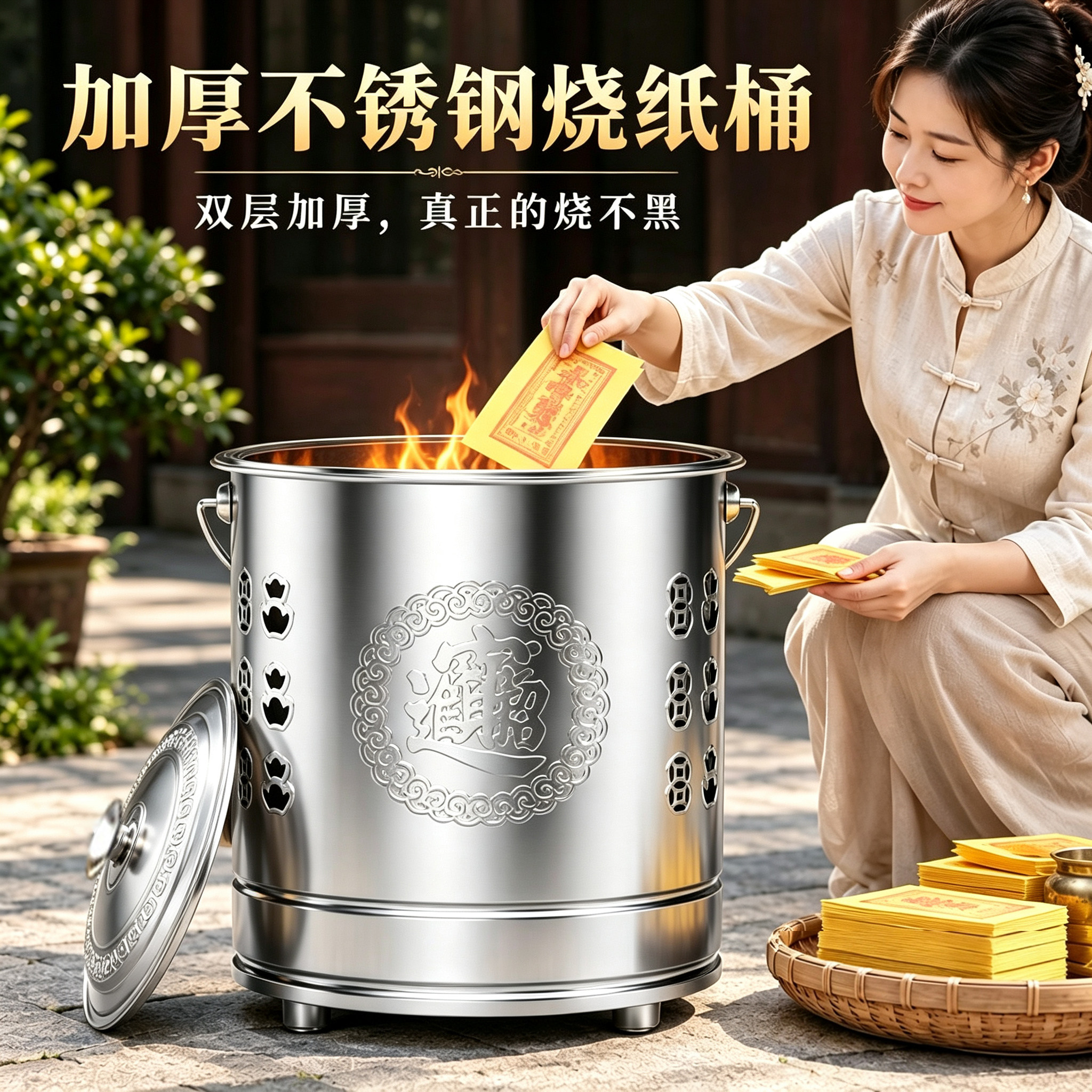 不锈钢烧纸桶烧钱纸炉特大号焚烧元宝桶家用室内化宝炉烧金桶加厚