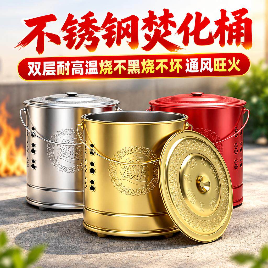 不锈钢烧钱纸桶烧金桶烧经桶家用锡箔元宝铁桶化宝桶聚宝盆焚烧炉