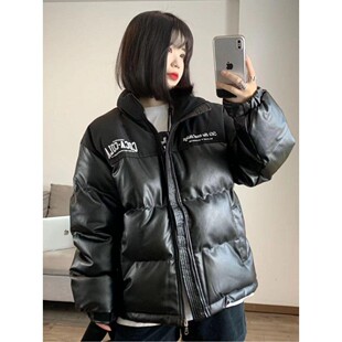 韩版慵懒风立领字母印花pu皮面包服女学生冬季时尚防寒棉服外套潮