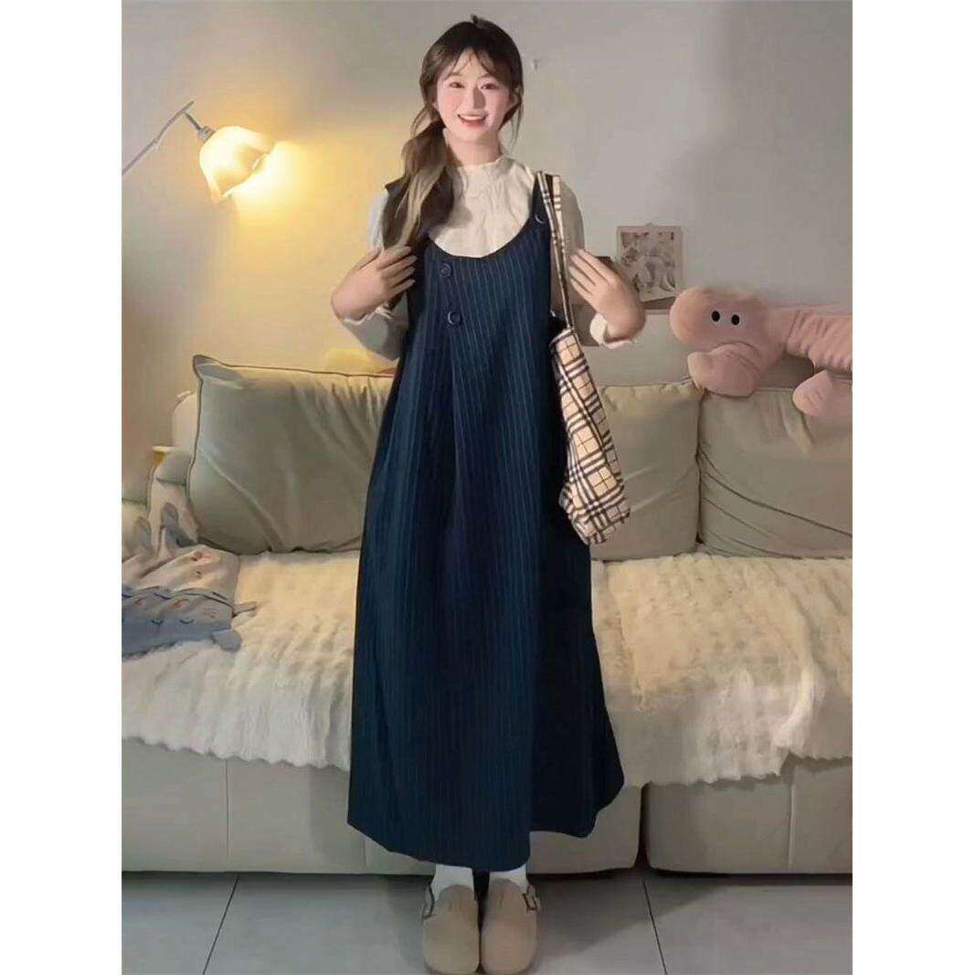 韩版学院风简约条纹毛呢背带连衣裙女学生春秋木耳边衬衫两件套