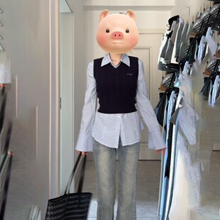 早秋日系学院风格纹衬衫女学生短款麻花针织马甲背心毛衣两件套