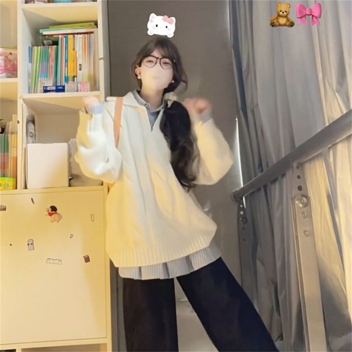 日系甜美风绣花套头毛衣