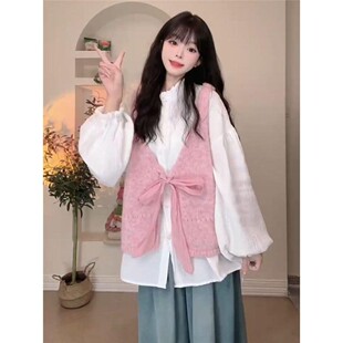 日系甜美蝴蝶结系带背带针织衫马甲背心叠穿白衬衫两件套