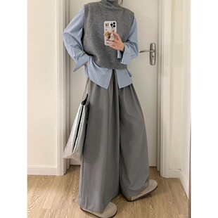 韩版学院风高领短款针织衫马甲背心毛衣女秋冬竖条纹衬衫两件套