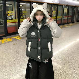 小众学院风少女撞色连帽棉服冬季保暖外套棉衣面包服搭配围巾