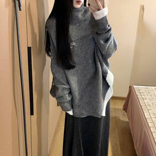 韩系复古不规则高领斗篷外套针织套头毛衣毛呢半身裙女学生一整套