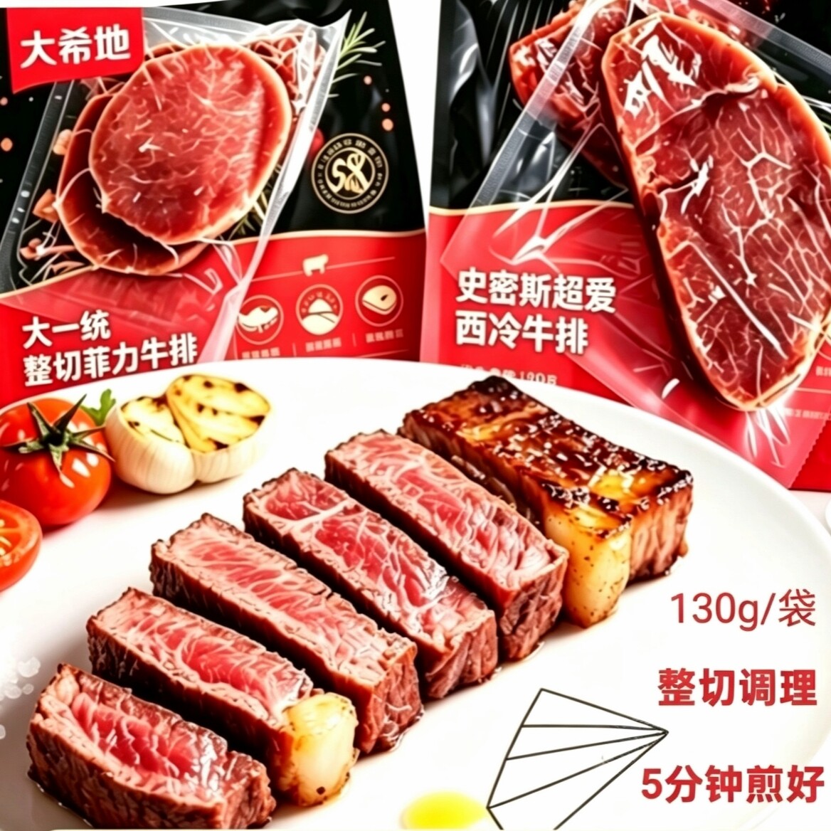 大希地整切菲力西冷牛排130g/袋 家庭装调理牛扒新鲜牛肉半成品